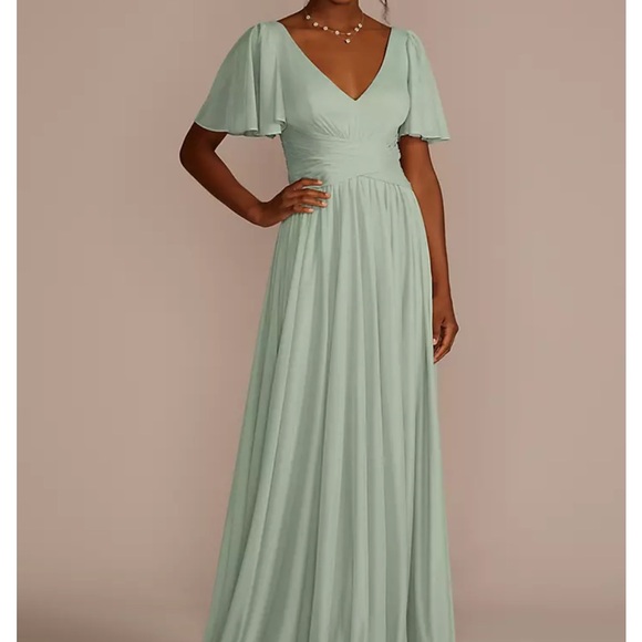 David's Bridal Green Ruffled Pleated Gown - Picture 1 of 5